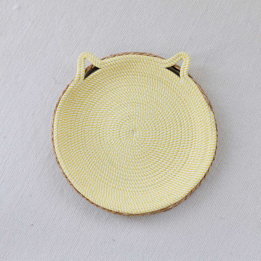 kattenbed groot rattan ronde mand met katvorm oren geel