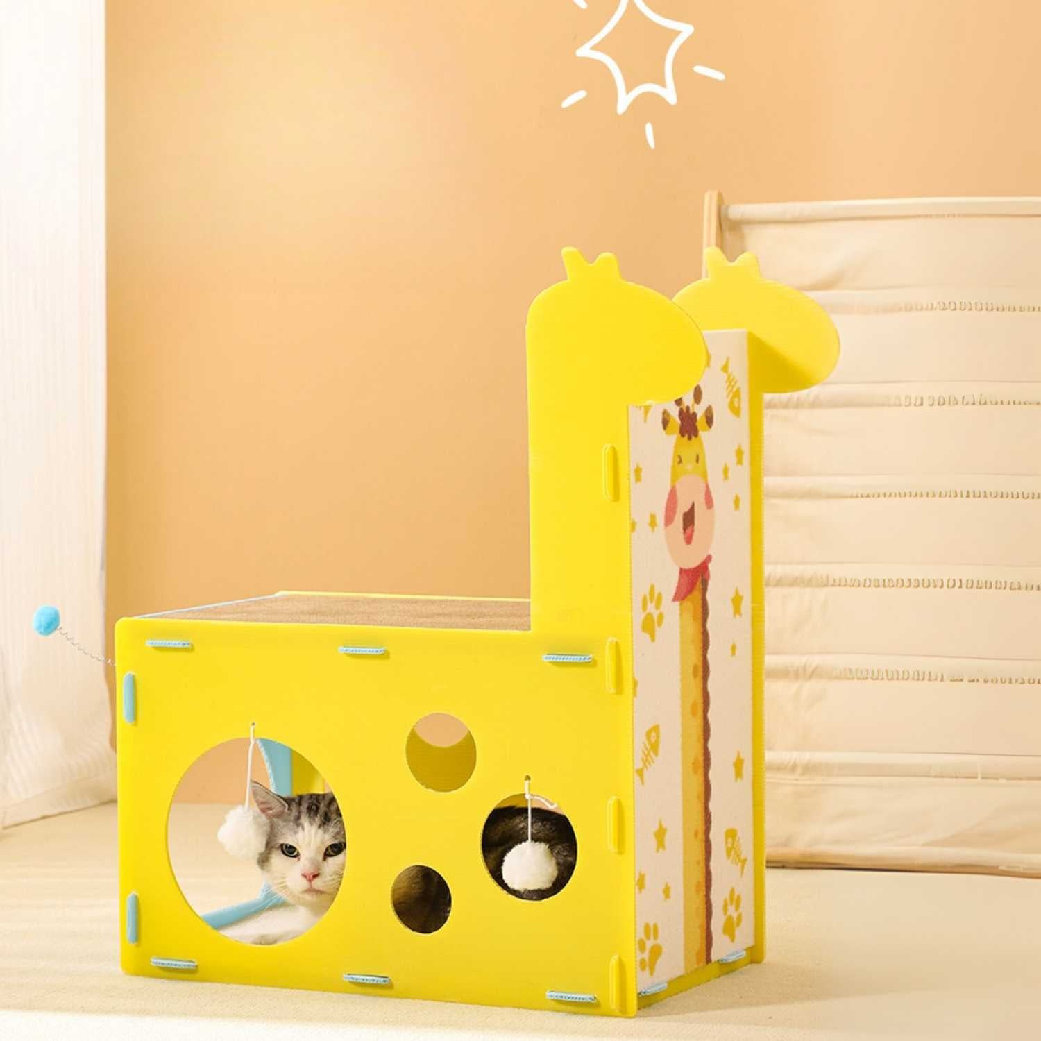 kattenbed tunnel giraffe kat binnenin met speelgaten en ballenspeeltjes