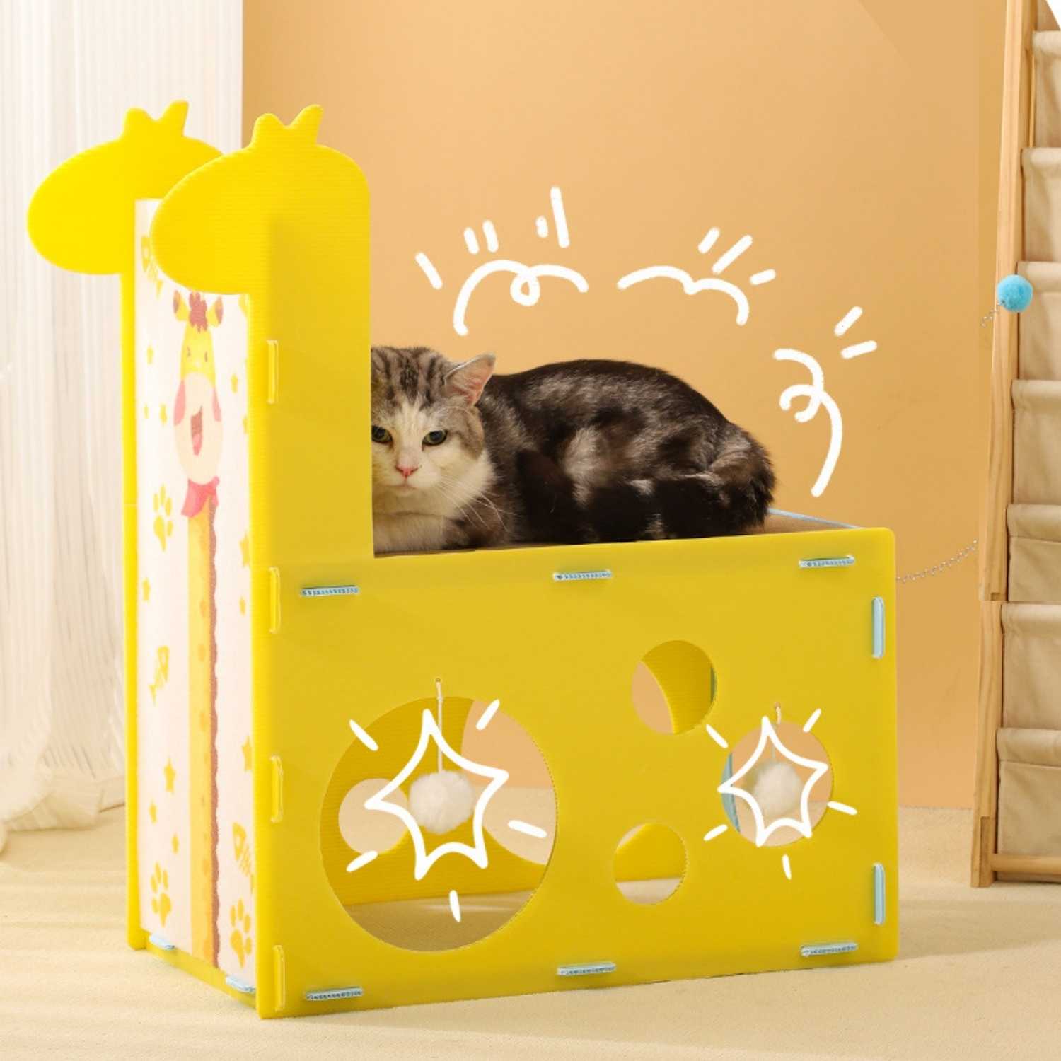 kattenbed tunnel giraffe kat op bovenkant met speelgaten en speelballen