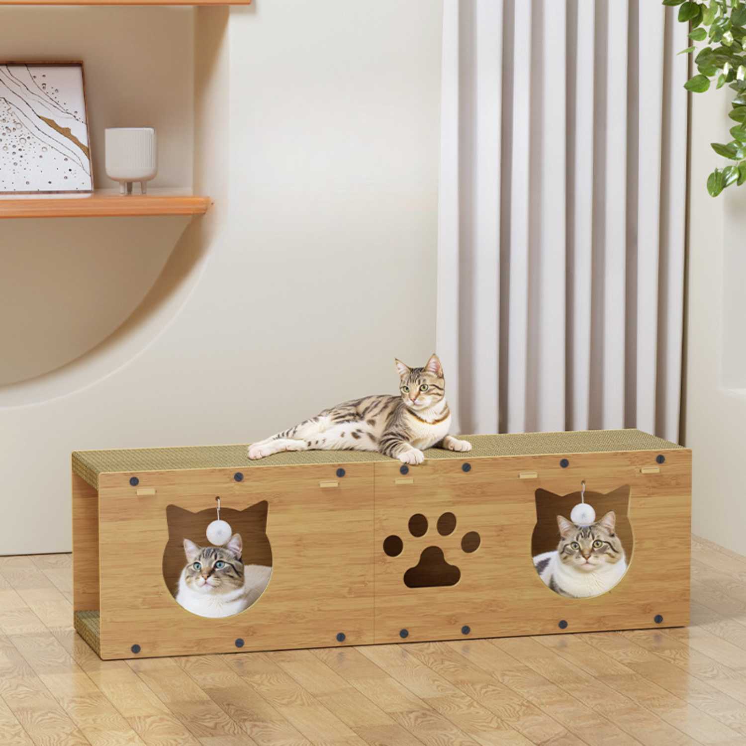 kattentunnel krabplank hout met drie kamers en katten