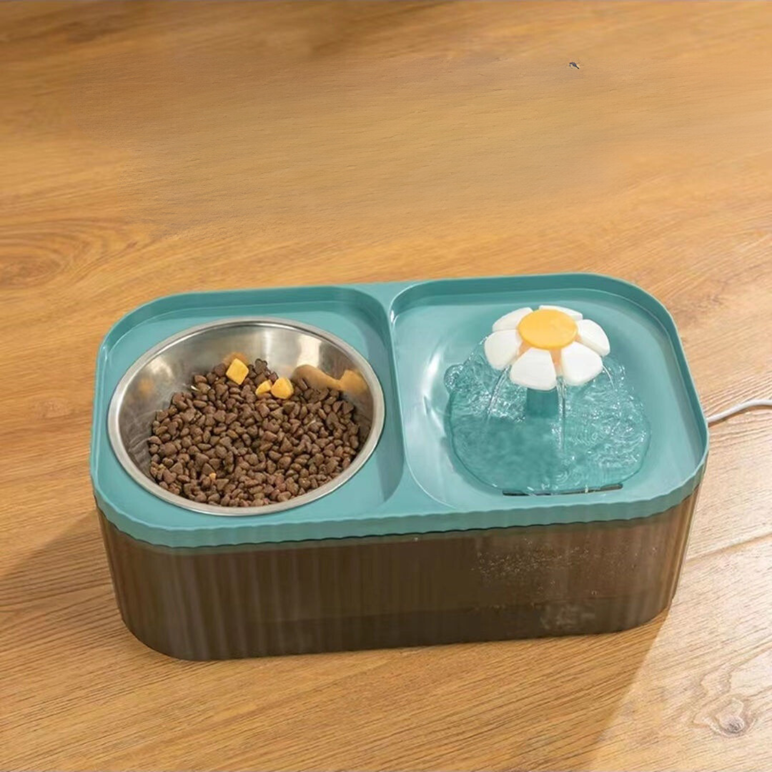 moderne slimme voerbak met turquoise accent