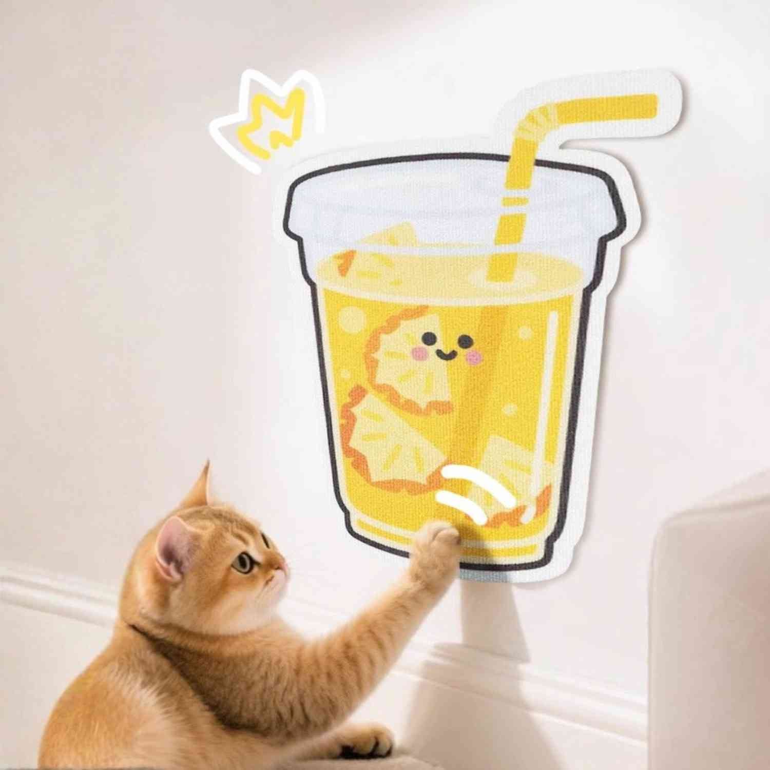 muur krasbord kat kat speelt met geel fruitdrank krasbord