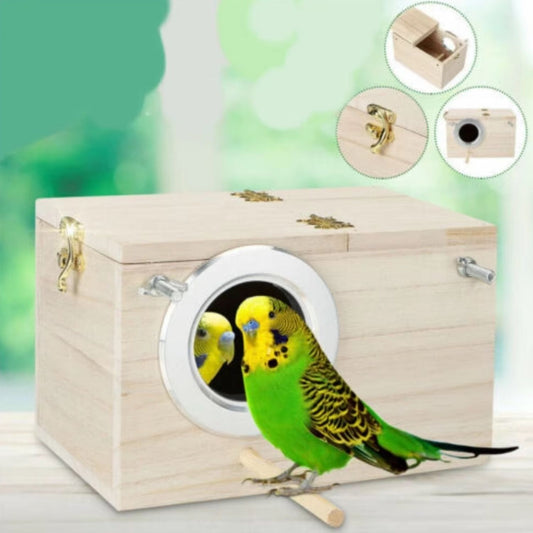 papegaai bij houten papegaaien kweekbox
