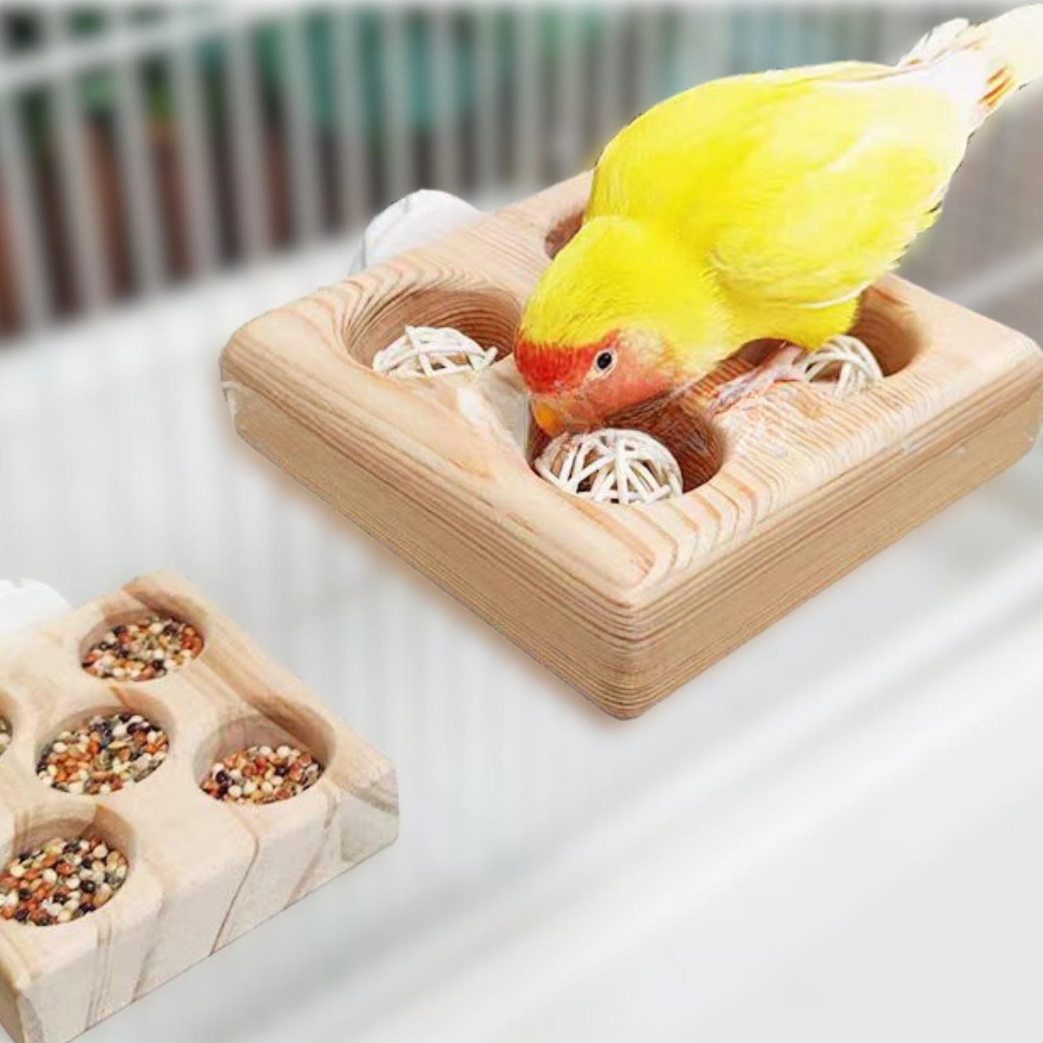 papegaai voeding vooraging speelgoed houten voerplateau met geel vogel