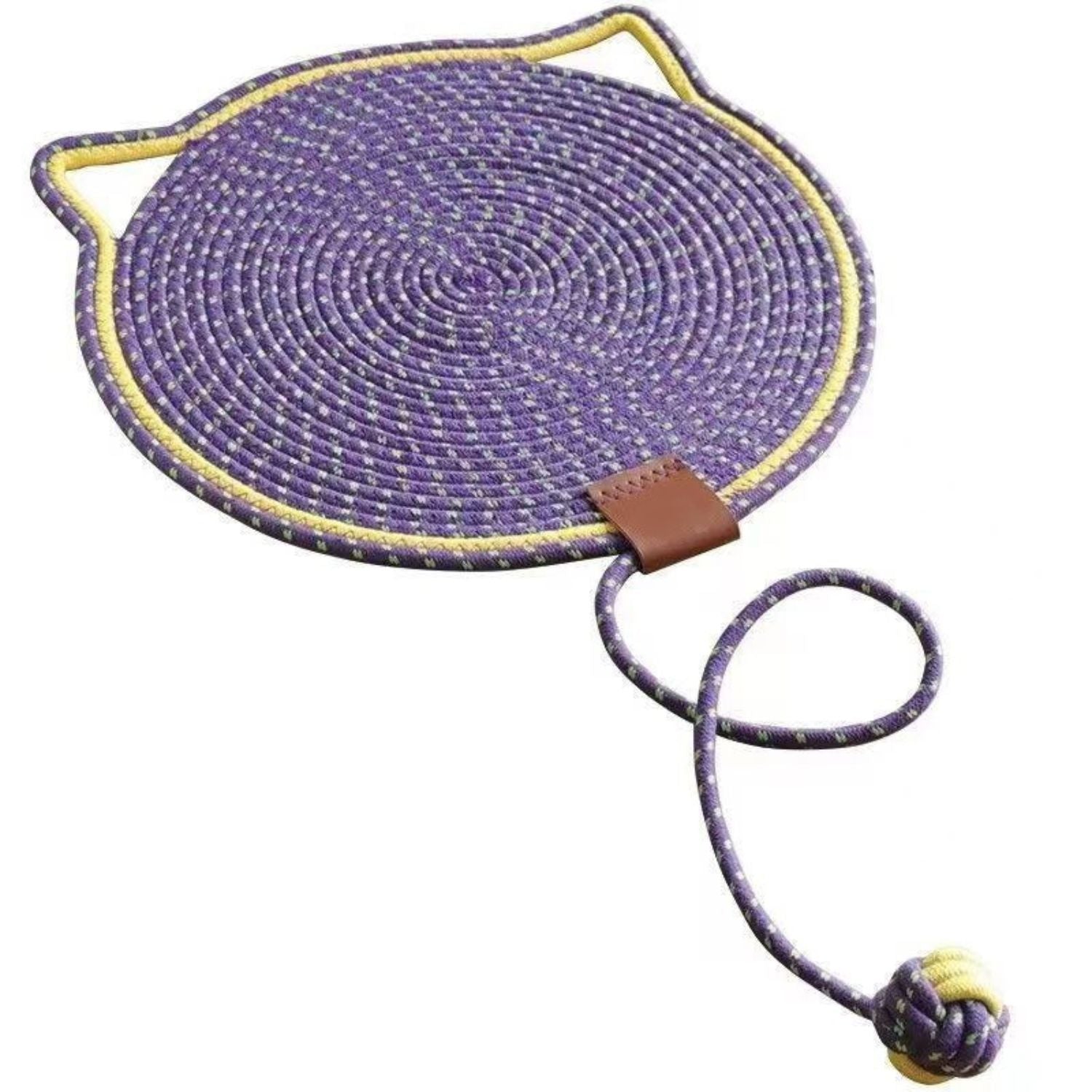 purple round cat scratching mat with yellow edge