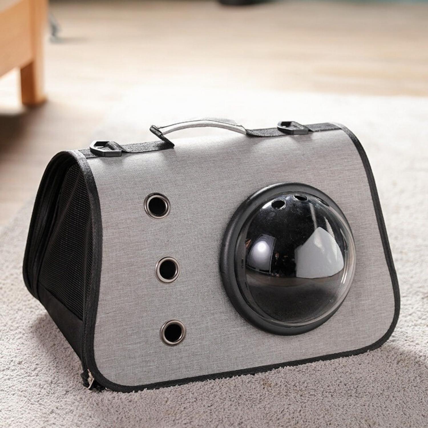 schoudertas kattenmand Grijze kattenreistas met zwarte ruimtevenster