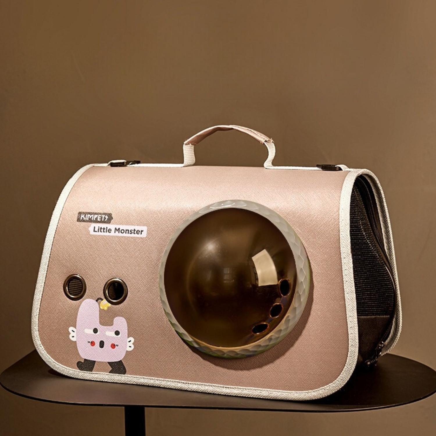 schoudertas kattenmand Little Monster beige kattenreistas met zichtvenster