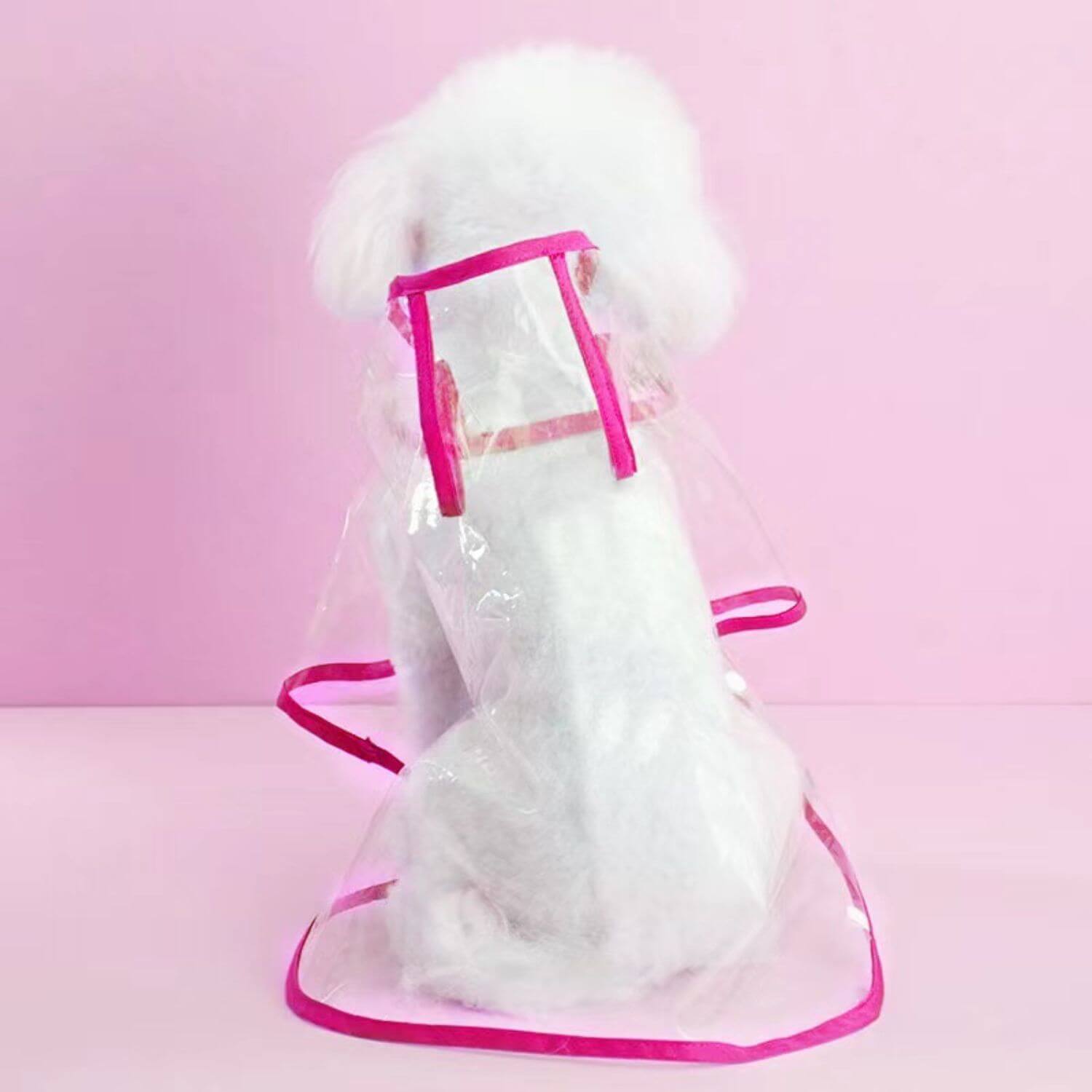 transparante hondenregenjas met witte poedel op roze achtergrond