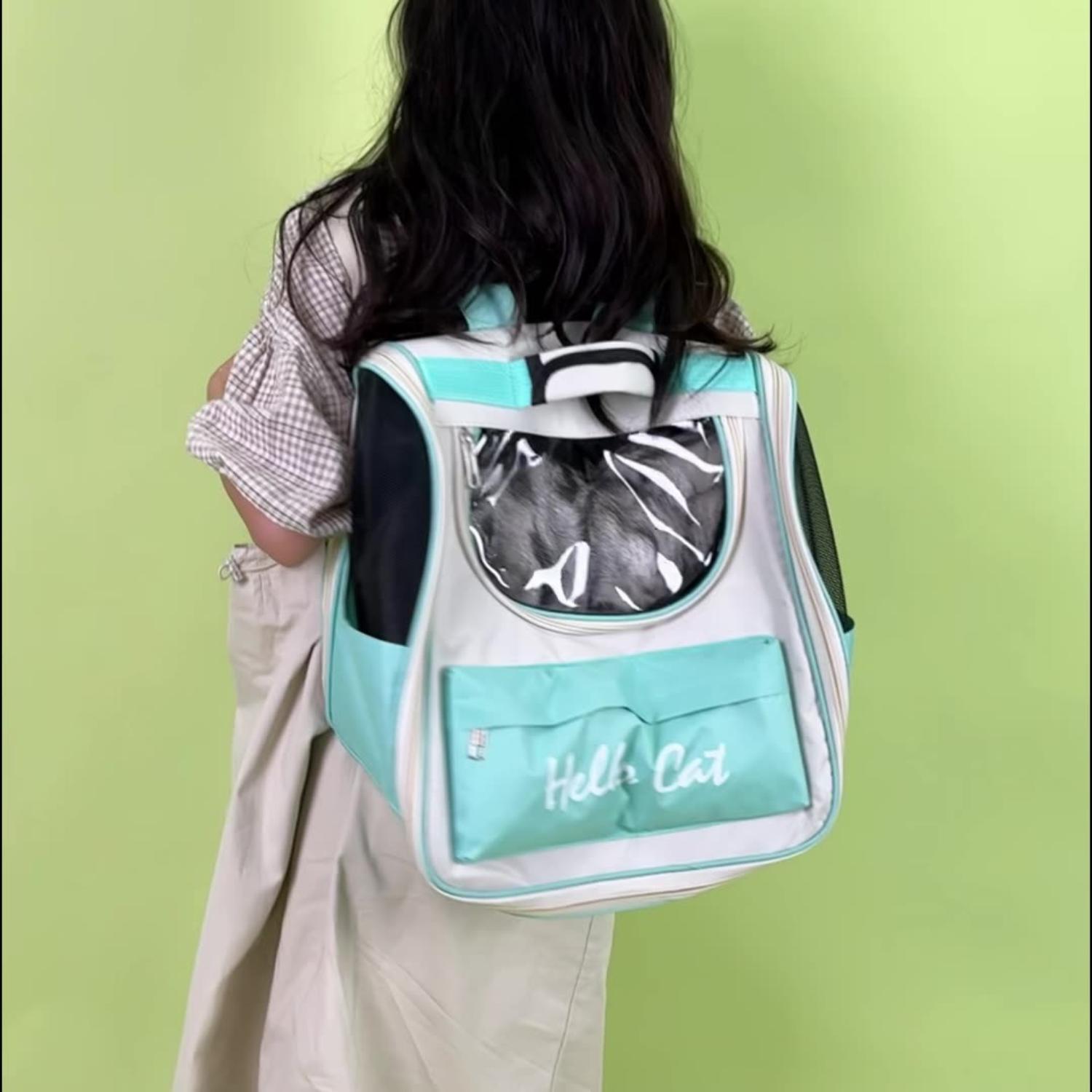 turquoise huisdierenrugzak met groot kijkvenster