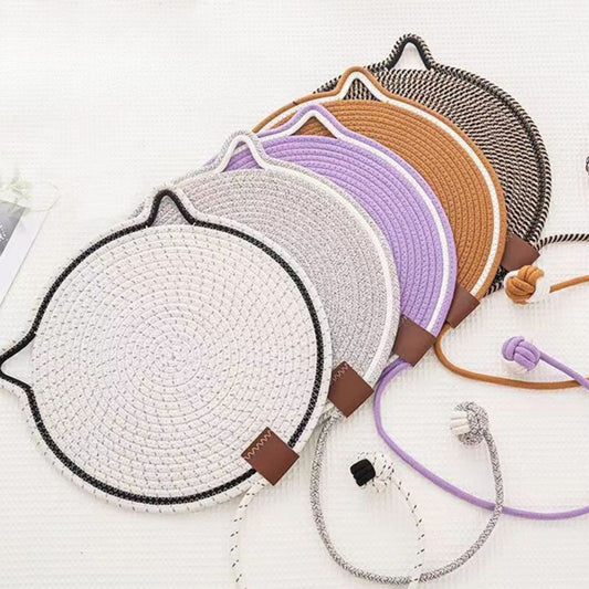 various round cat scratching mats in a row
