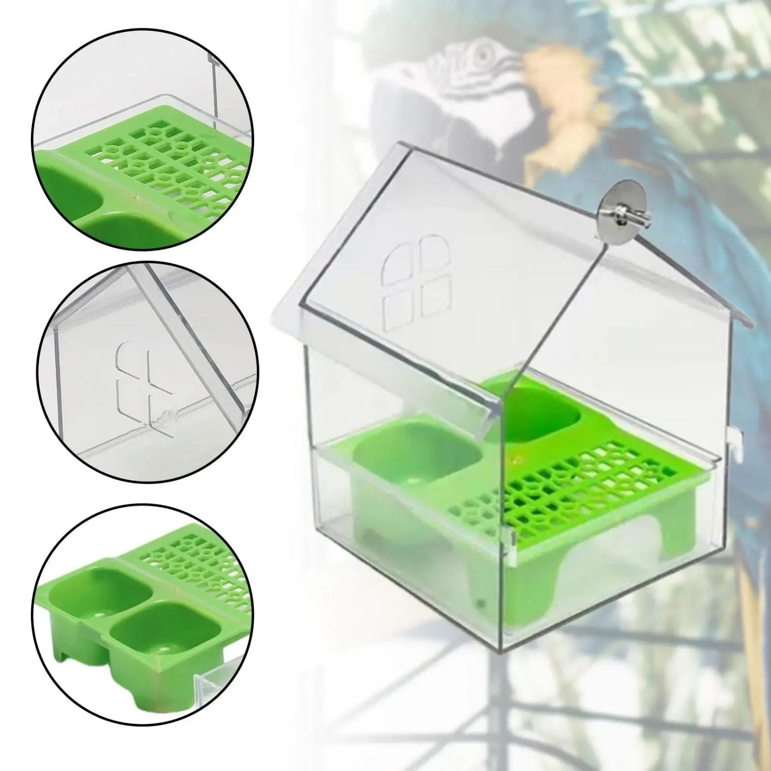 vogelvoerbak extern met groene voedertray en duidelijke raamvorm details