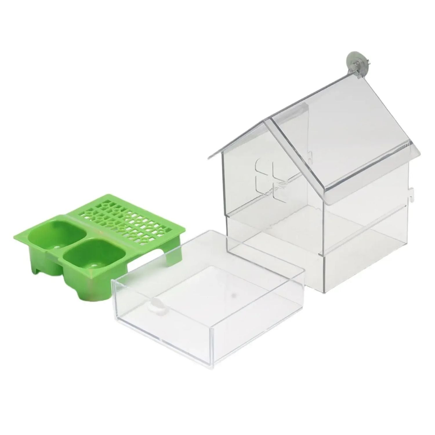 vogelvoerbak extern uitneembare groene bak met transparante huisvorm constructie