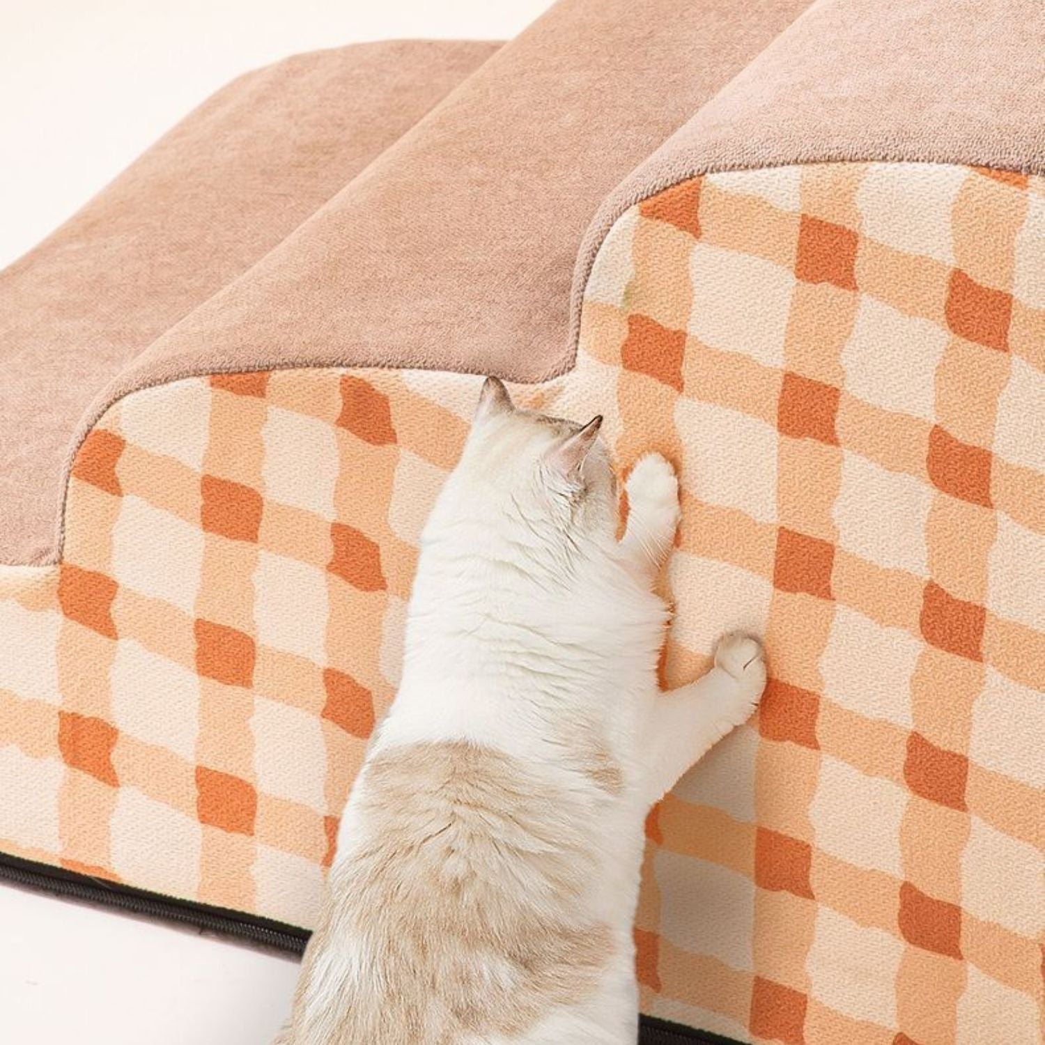 zachte honden trap katje gebruikt katentrap met grijze en oranje stippenpatroon