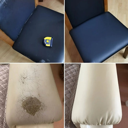 Zelfklevend PU Leer voor en na foto eetkamerstoel en bankleuning
